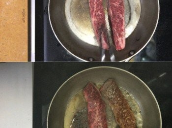 step7: 大火下牛小排先煎4分鐘，再翻轉煎2分鐘