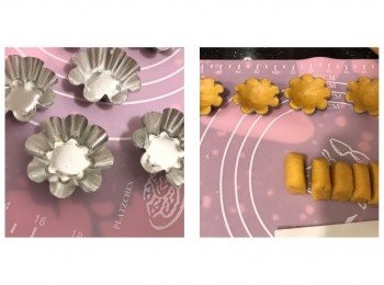 step3: 將批模掃油，搓好的粉團分割每份9g，用棍擀平，壓成合適厚度，放在批模上，均勻舖平