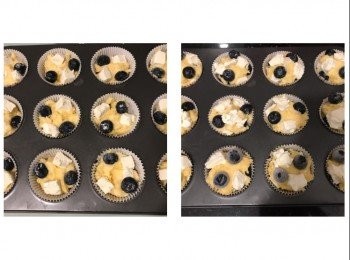 step7: 180度預熱焗爐10分鐘
先在每個紙模上放入一半麵糊，放入適量cream cheese粒及藍莓；之後將餘下麵糊平均放入紙模內，再將其餘cream cheese及藍莓放在麵糊上