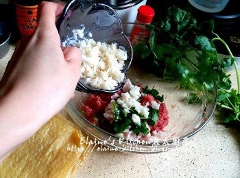 step5: 翌日將牛肉從雪櫃取出 , 逐一加入肥豬肉 , 芫茜碎 , 馬蹄碎及少許水拌勻