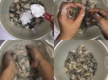 step13: 瀝乾後加入3大匙生粉輕輕搓揉2-3分鐘，期間摸摸有沒有蠔殼殘留，之後用清水沖洗乾淨
以上步驟重複2次至蠔仔洗乾淨備用