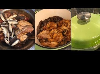 step8: 冬菇同雞攪拌一齊。
加入冬菇雞係飯面。
蓋蓋。大火30秒，令個鍋夠熱。