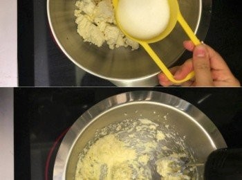 step6: 再隔熱水放上大碗，
將cream cheese放下去，下糖，用電動打蛋器打至糖跟cream cheese融合
（急凍久了的cream cheese變成像豆腐渣狀，是正常的）