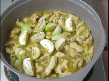 step5: 投入已切件的泰國茄子， 蓋上蓋慢火煮4分鐘, (想茄子淋些可耐一點)