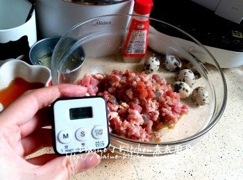 step2: 豬肉碎 , 蝦膠 , 肥豬肉放入大碗內 , 加入薑汁 , 醃料先拌勻靜待10分鐘