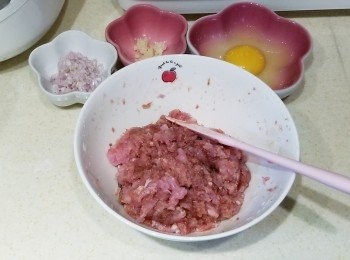 step2: 薑，乾蔥切碎，蛋打散，碎肉加入調味料，2茶匙粟粉，薑，乾蔥及蛋攪勻至起膠。
