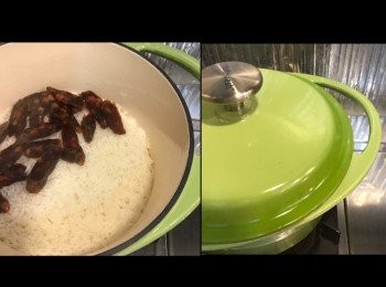 step7: 2分鐘之後，米仲濕潤，加入臘腸，蓋蓋3分鐘。