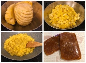 step8: 鳳梨餡做法： 
先將鳳梨去皮去芯，之後切細粒、刨條或用機搞碎（三種方法均可）。
處理好的鳳梨放入鍋內用大火煮滾，轉用中小火煮50分鐘，如用搞碎方法煮的時間可以縮短。
將海藻糖及三溫糖加入用中火炒至8成乾水，加入水麥芽再炒至稔身，最後加入檸檬汁炒勻。
（附圖是兩個大鳳梨份量）