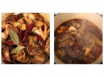 step6: 加入香葉及辣辣乾兜勻，將浸冬菇水及適量凍滾水加入，滾後中小火煮10分鐘，熄火後焗5分鐘即完成
