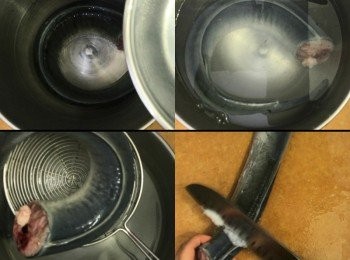 step1: 原條白鱔先用70度熱水灼十多秒，見表面起白潺即撈起
用刀起把表面白潺刮走