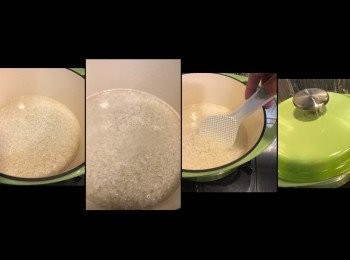 step6: 中火，等待米水邊緣有起泡泡，攪拌幾下，蓋蓋2分鐘。