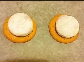 step3: 消化餅放上已放好牛油紙的烤盤上，消化餅做餅底，放上雪米糍（或雪糕）