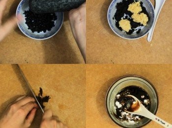 step5: 準備醃料，豆豉盅爛，陳皮浸軟後刮瓤切細絲
加入蒜蓉拌勻
其他醃料也另外拌勻