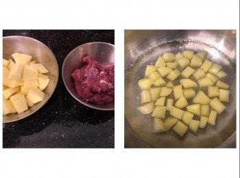 step1: 薯仔去皮洗淨切粒，煲一鍋水，水滾後放入薯仔粒煲4分鐘，取出瀝乾水
牛柳洗淨切粒，用調味料醃15分鐘