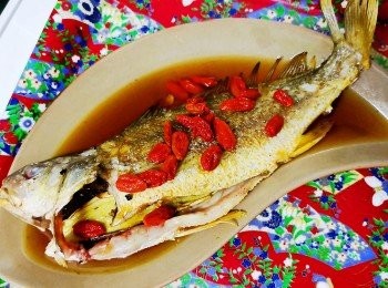 step2: 燒熱鑊下油蔥薑片爆香後，落鑊煎至表皮兩面金黄取出放在碟上待涼，在魚肚內塞甜酒釀（ 不用煎至全熟,煎到3-4成可以，因待會要再蒸）