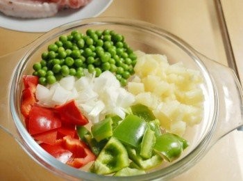 step1: 將洋蔥切碎，青紅椒切丁，菠蘿切小塊。將<span class="group_2">調味料</span>拌勻備用