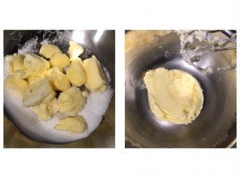 step2: 先將粉類及鹽過篩
用電動打蛋器將牛油和糖打至滑身