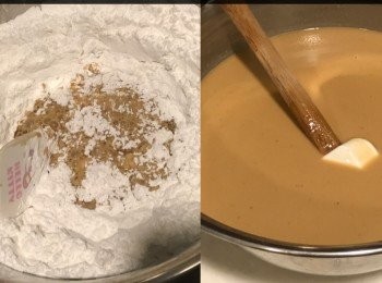 step2: 把木薯粉和糯米粉隔篩，再放馬蹄粉拌勻，再倒入已放涼的紅棗水， 慢慢拌勻至沒粉粒，再隔篩讓粉漿更細滑， 然後倒入容器至半滿。