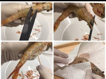 step1: 剪蝦腳、蝦鬚和額劍；在蝦肚輕𠝹一刀，挑出蝦腸，然後清洗。再抺乾待用。
