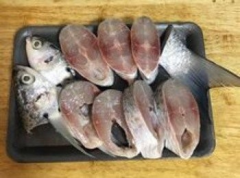 step3: 烏魚切圓片，每片約1公分厚度，魚頭對切；用一匙鹽將魚全部抓勻；