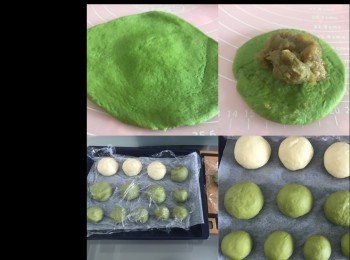 step5: 鬆弛完畢，每一個小麵團再稍微排氣滾圓
把每一個小麵團，用桿麵棍壓平， 外圍可以壓得薄一點， 但中間可以厚一些， 方便包餡時不會容易穿。
叉燒餡取出， 把適量叉燒餡放上小麵團， 包好並收口向下，放上已放烘焙紙的焗盤上。
全部包好後，用保鮮紙再蓋好， 避免風乾，作第二次發酵， 約一小時或變兩倍大。

** 等待第二次發酵時， 準備咖啡脆皮麵糊