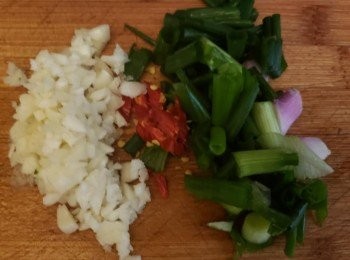 step3: 將蒜頭切碎、辣椒、蔥切粒