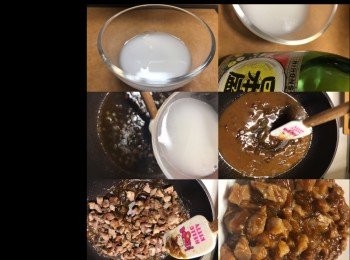 step2: 把粟粉、水、清酒，完全拌勻後，作打芡用。
把芡水倒進去， 其間要不停攪拌，直至叉燒汁變濃稠，熄火， 把煮好的叉燒餡用器皿裝好， 並放雪櫃雪過夜， 方便包餡用， 不然剛煮起太軟不好包。