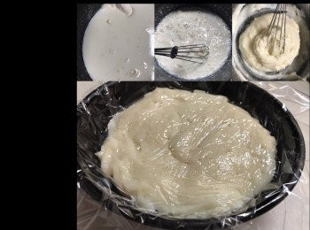 step3: <span class="group_2">牛奶湯種部分</span>：
把鮮奶倒進鍋內，加中筋麵粉進去， 稍為攪勻一下， 用中火煮，其間要不停攪拌， 直至見濃稠如米糊， 如照片所示， 熄火， 並倒進器皿內， 用保鮮紙貼著湯種面，稍為放涼便可以用， 如不是馬上使用， 可放雪櫃。

remarks : 
1）湯種放雪櫃可以保存2-3天
2）湯種內的牛奶成分，可以用清水代替