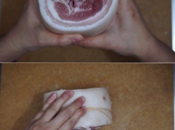 step4: 深就好之後把五花腩卷好再用棉繩紮緊打結