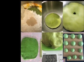 step4: <span class="group_1">麵包部分</span>：
把所有材料，除牛油外， 放進廚師機用低速稍為拌勻， 直至見質地如棉花絮，然後開中速打5分鐘至成團， 再把室溫牛油加進去，打7分鐘至牛油完全被麵團吸收並見「三光」， 即手光、盆光、面光。
把麵團稍微搓圓， 放進有掃油的器皿，蓋上保鮮紙，放進較暖的地方作第一次發酵約一小時（我放微波爐）， 直至變兩倍大。
第一次發酵完成， 用手指沾上少少麵粉，往麵團中心擢下去，手指拿出後，孔位沒有回縮便是發酵成功。 跟著用桿麵棍， 把麵團壓平， 目的把裡面的空氣壓出來。
（4） 然後分割