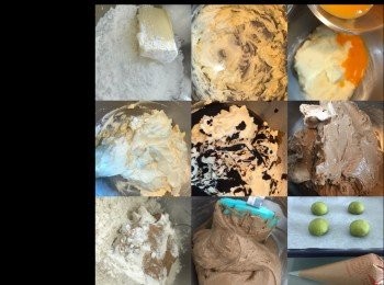 step6: 咖啡脆皮麵糊：
用電動打蛋器，把牛油和糖打至發白， 糖完全溶解。
把蛋液分三次， 逐次加入拌勻， 每次都要肯定蛋液拌勻， 才可加進下一次的蛋液進行攪拌。
用溫水把咖啡粉和可可粉拌溶後， 加入（2）再拌勻。
把中筋麵粉加進去， 用矽膠抹刀拌至沒粉粒。
把所有麵糊倒入唧花袋備用。
