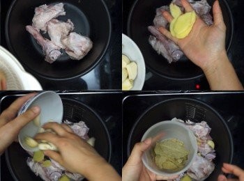 step3: 之後鍋中加入豬骨、薑、蒜頭、香葉，再加入水