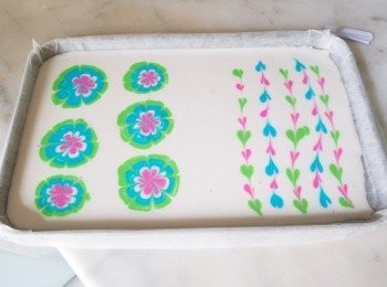 step2: 先取兩湯匙份量..分開三碗..加入唔同食用色素....
將一份粉漿倒入器皿內...之後隨意加入有色粉漿..