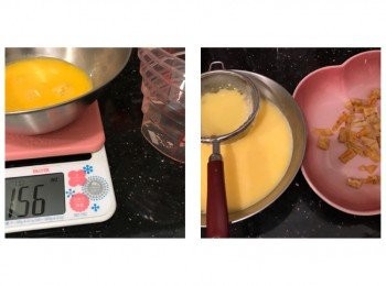 step4: 將蛋液過篩，倒入蒸碟，用錫紙包住碟面
煲一鍋水，水滾後放入蒸碟大火蒸3分鐘，熄火焗10分鐘