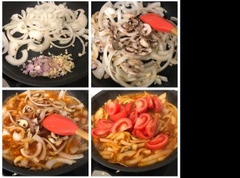 step6: 將煎過豬扒的油倒去，用廚房紙抹清，用1湯匙油燒熱鑊，先爆香洋葱、蒜蓉及乾葱碎，加入蘑菇片炒勻，將撈勻的調味料加入鑊中煮1分鐘至洋葱略為軟化，加入番茄煮2分鐘
