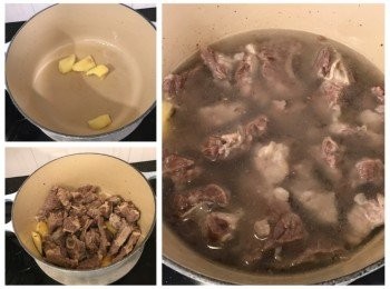 step3: 用1湯匙油燒熱鑊，放入薑片爆香，加入牛腩、鹽爆炒一會，將適量凍滾水及冰糖加入，滾後轉中小火煮45分鐘
