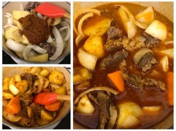 step6: 將咖哩醬加入爆炒一會，隨後將牛腩汁加入煮滾，轉中火煮10分鐘