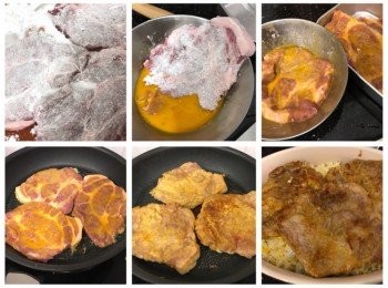 step4: 用2湯匙油燒熱鑊，將1隻雞蛋打散，已醃豬扒撲上生粉，再沾上蛋液，放入鑊中煮至兩面金黃，盛起鋪在炒飯上面