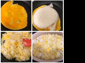 step3: 用1湯匙油燒熱鑊，將兩隻雞蛋打散，倒入鑊中，隨即加入白飯快手兜勻，盛起放在焗碟上，鋪平