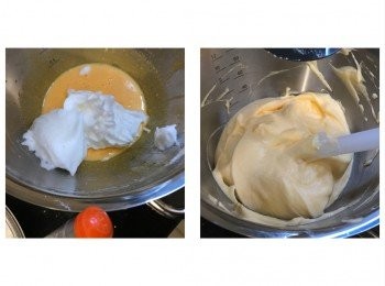 step5: 蛋白霜分三次加入蛋黃糊中，用膠刮輕手拌勻
預熱焗爐180度