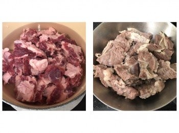 step2: 牛腩洗浄切件，放入盛有清水的煲內，開大火煲滾，見白泡浮起後熄火，撈起牛腩過冷河