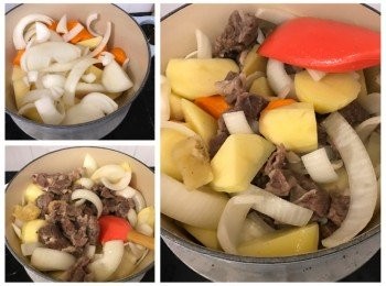step5: 用1湯匙油燒熱鑊，放入薯仔、甘荀、洋葱炒勻，加入牛腩兜勻