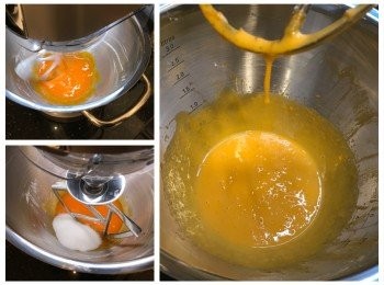 step4: 轉用K-Beater，用高速打散蛋黃，加糖打至鬆身