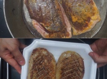 step6: 燒熱煎鍋，下一點油，鴨胸皮朝下用小火煎至出油金黃
之後放回碟上拿入雪櫃降溫