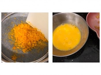 step3: 加入凍滾水及浸完蝦乾的水撈勻，之後加少少鹽撈勻
蛋液和水的比例為1：1.5
**注：先量蛋液份量，之後才量水的份量**