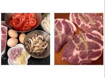 step2: 豬扒洗浄抹去水份，用刀背拍鬆，之後用鹽及胡椒粉醃半小時
番茄洗浄切件，洋葱切條，蒜頭及乾葱頭切碎，蘑菇切薄片