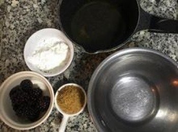 step6: 接著做<span class="group_3">黑莓雪花糕</span>；將黑莓去蒂洗淨再用冷開水沖洗2-3次，並將剩餘材料都秤好（圖中少了椰絲）；