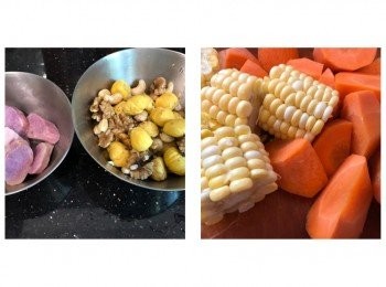 step2: 紫玉淮山、粟米、紅蘿蔔去皮，洗淨切件
栗子肉、腰果、合桃洗淨