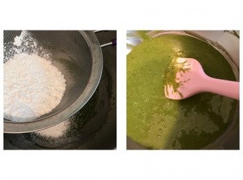 step5: 低筋麵粉過篩，加入抹茶蛋黃糊內，以切拌方式輕手拌勻至無粉粒
