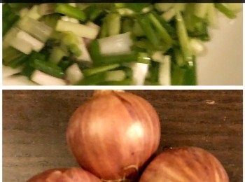 step3: 另將原本用過的鍋 （因豬腩肉煎過後剩下來的汁），將乾蔥，青蔥末和薑末一起下鍋及爆香。